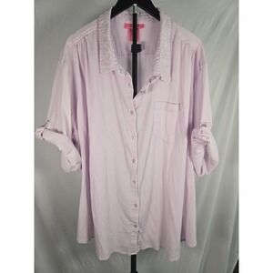 Woman Within Sz 5X Lilac Purple Gauze Button Front Shirt Cotton Roll Tab Sleeve